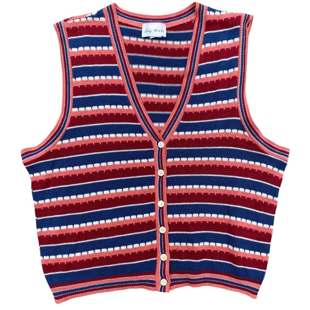 Vintage 70s Lady Devon Striped Button-Front Knit Sweater Vest Grandpa Cottage-XL